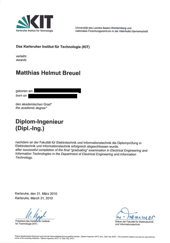 Diplom-Ingenieur Urkunde KIT